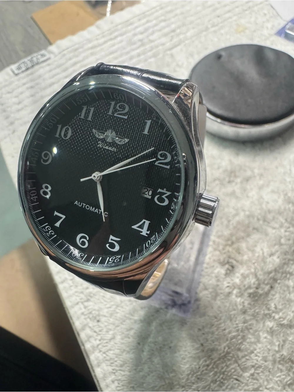 Winner Men's Automatic Black Dial Watch with Silver Case